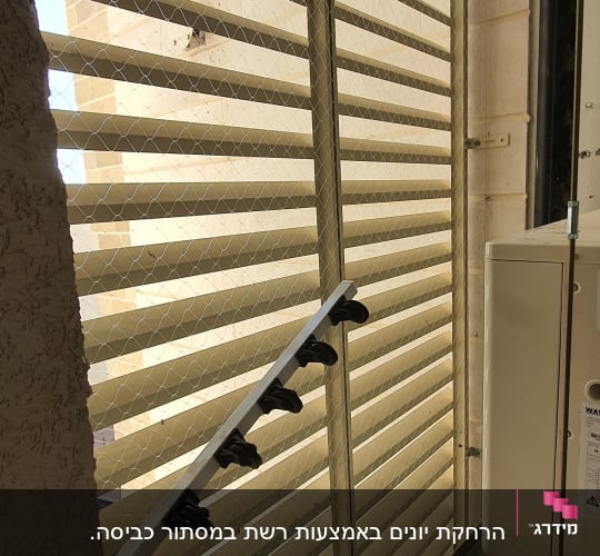 רשת מתכת על חלון למניעת כניסת יונים